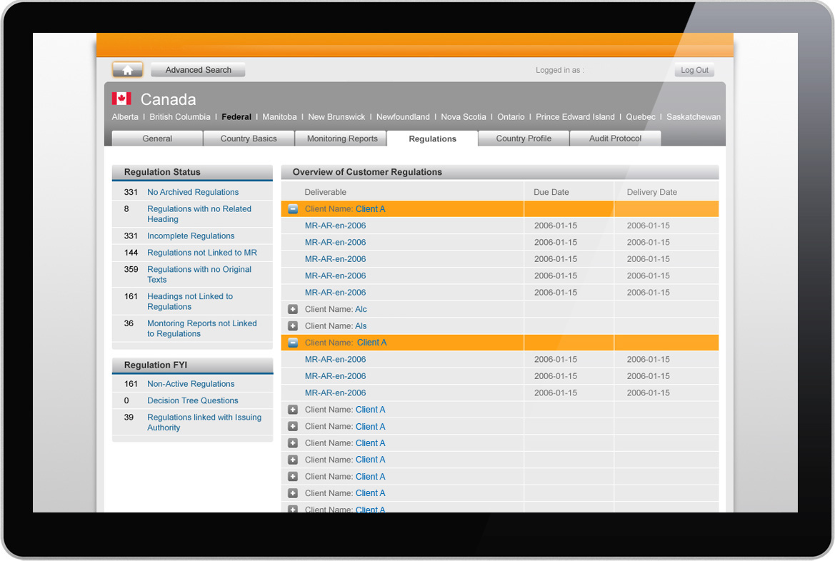 Screenshot of an EHS Regulatory Monitoring Country Management Tool
